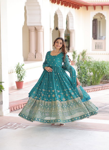 KA 1216 Silver Crunchy Sequins Embroidered Work Gown With Dupatta Suppliers In India